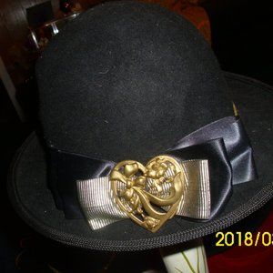 Church Hat  100% Wool  USA  Black with Gold Polka Dots Underside